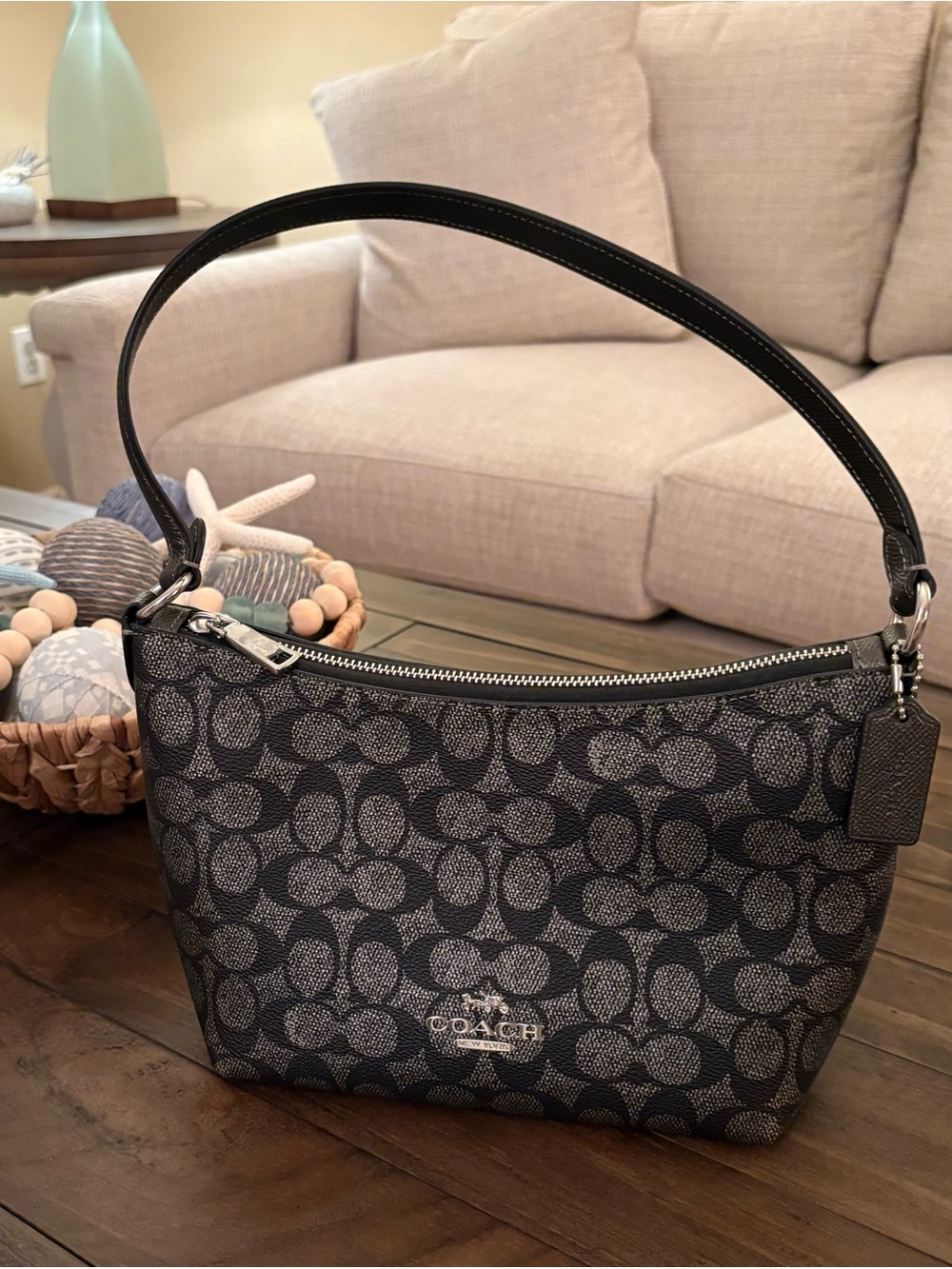 Coach Black Signature Jacquard Shoulder Hobo
